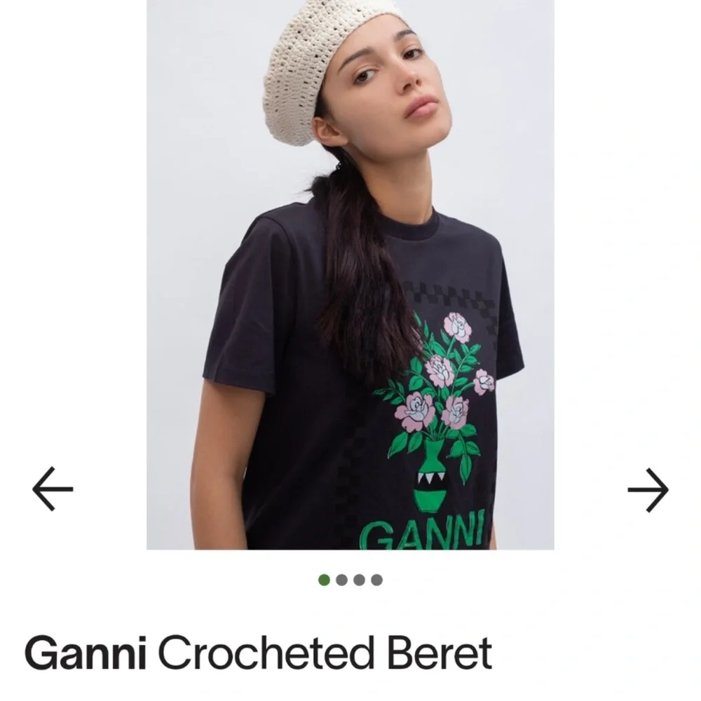 NEW GANNI Crochet Beret Hat Ivory Silver Disc Detail Women's One Size